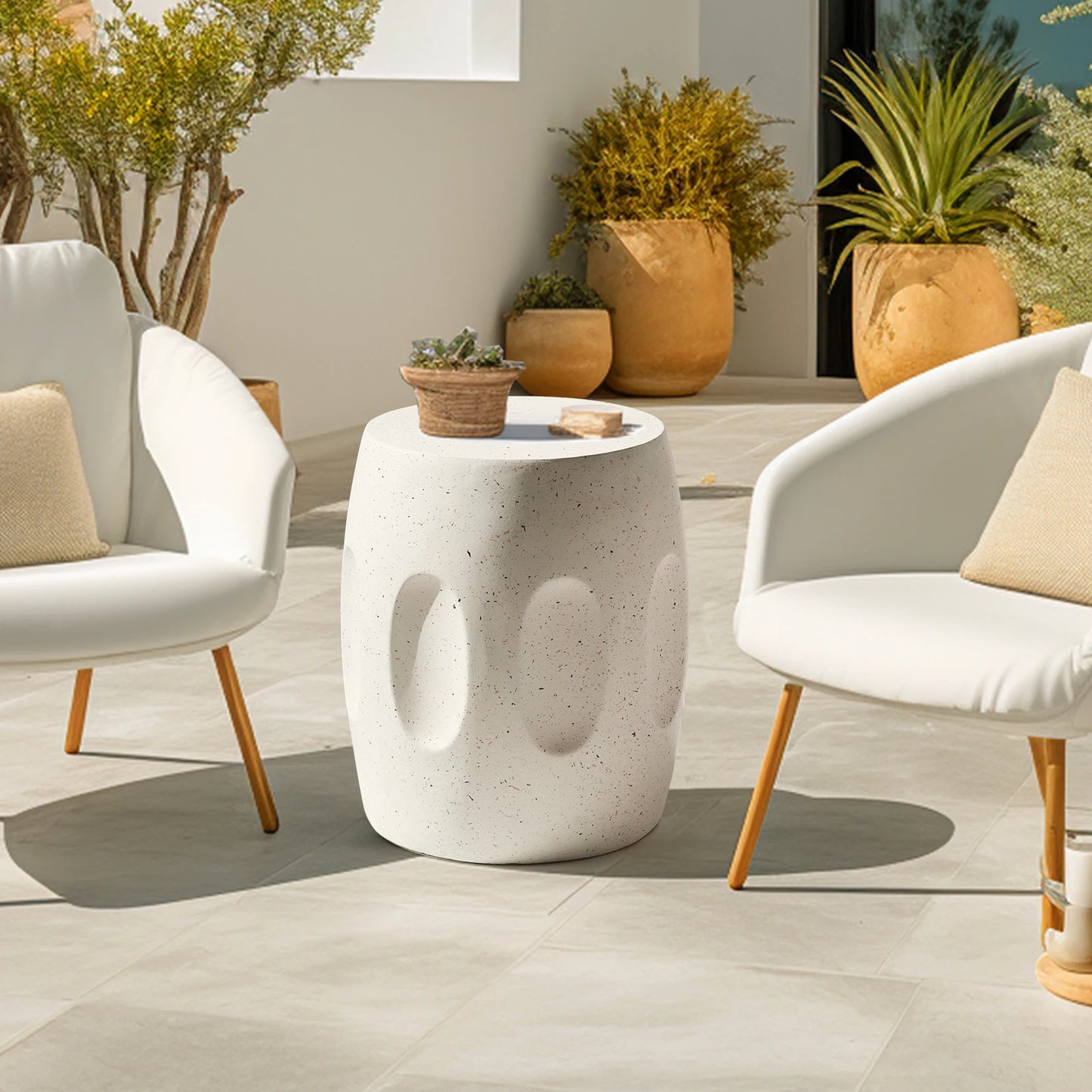 Unique Lightweight Concrete Side Table Decorative Garden Stool Faux Terrazzo Accent Table Small Coffee End Table