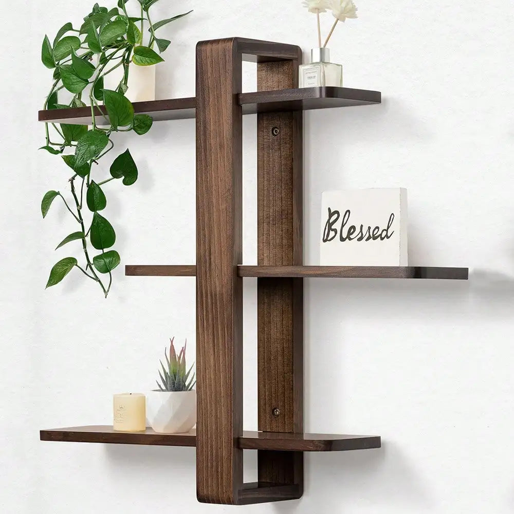Mid-Century Modern Floating Shelves Set - 3-Tier Walnut Finish Large Wall Shelf, 20in Plant & Photo Display Storage For Living