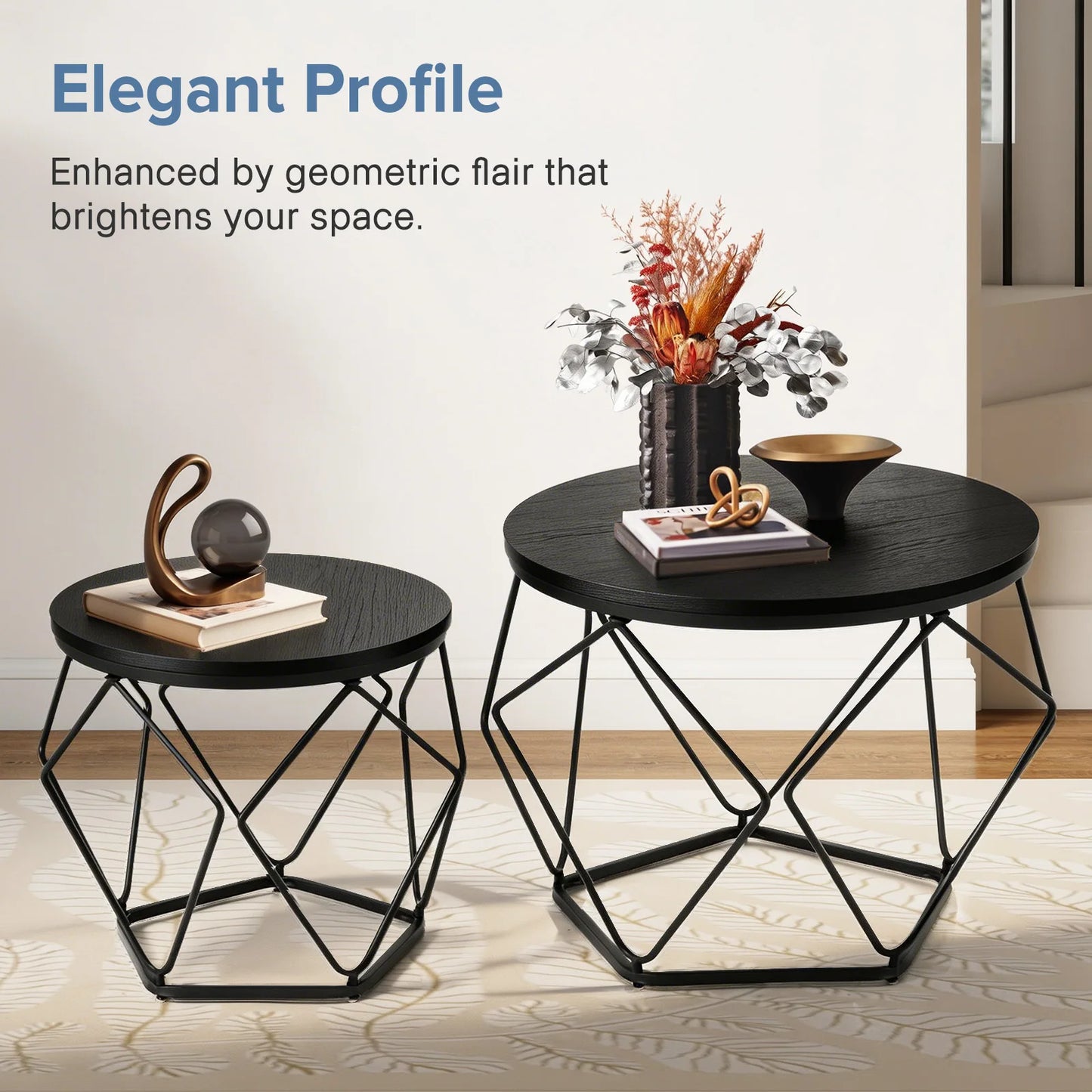 20IN Round Geometric Coffee Table Set of 2 Movable End Tables for Living Room Nesting Side Tables with Hidden Storage