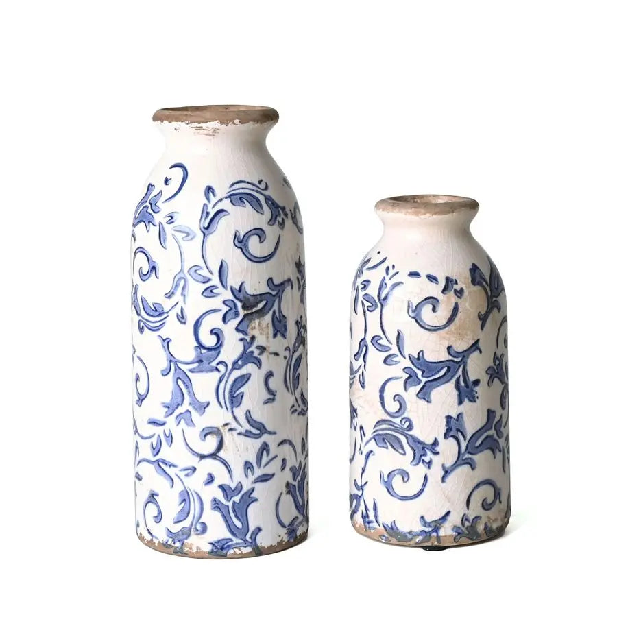 Blue and White Ceramic Vases Home Decor, Farmhouse Vase for Flowers, Flower Vase Set of 2, Rustic Decorative Vases for Pampas Gr