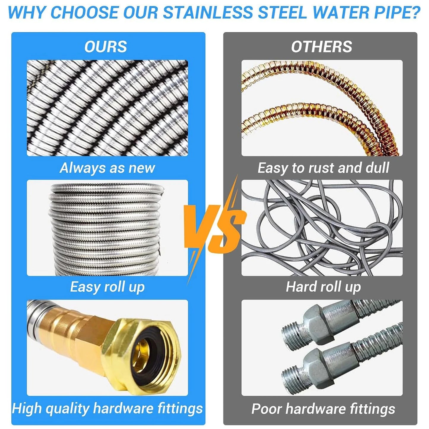 Heavy Duty Stainless Steel Garden Hose With Brass Nozzle, Kink Proof Flexible Metal Water Hose, 25/50/75/100FT