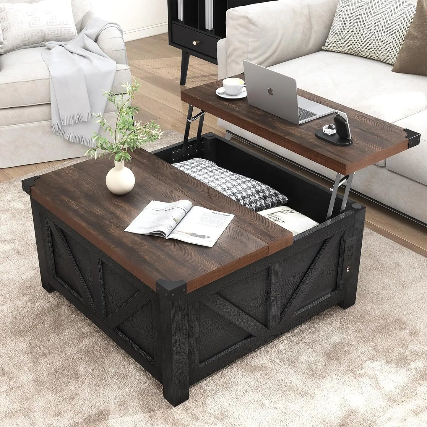 Farmhouse Lift Top Coffee Table with Storage, Wood Square Center Table with Charging Station&USB Port, Living Room, Custom