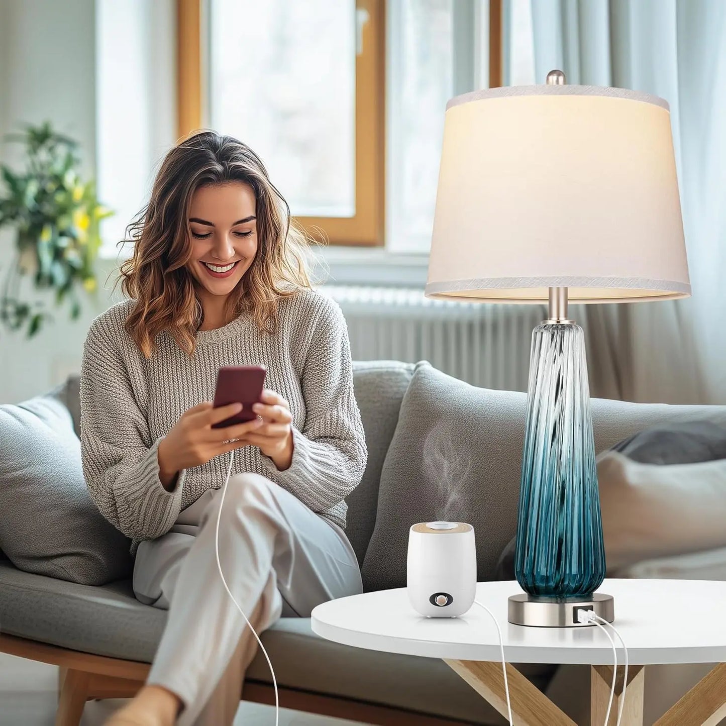 Touch Control Glass Table Lamps Set of 2 with USB A+C Ports, 3-Way Dimmable Nightstand Lamps with White Fabric Shade for Living