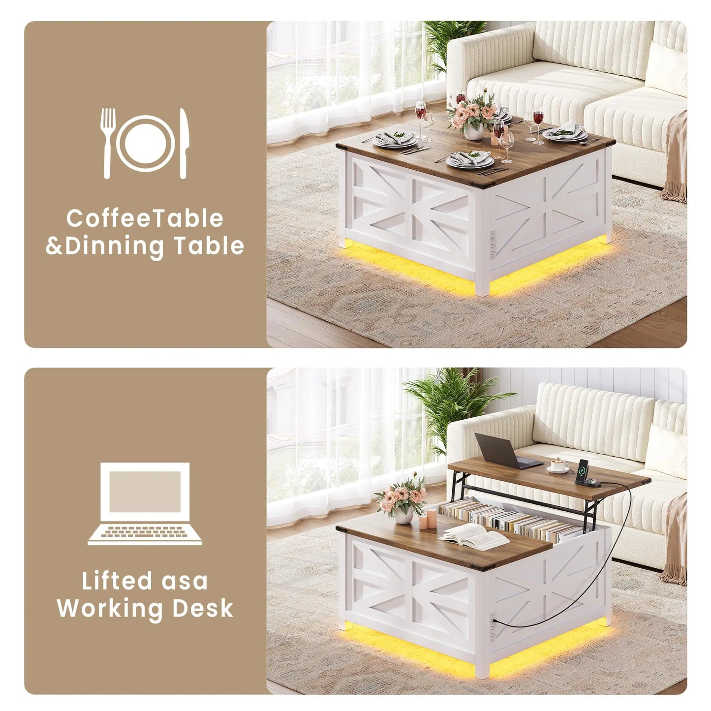 White Farmhouse Lift-Top Coffee Table With Storage Compartment, Built-In Outlet, And Adjustable Height Surface