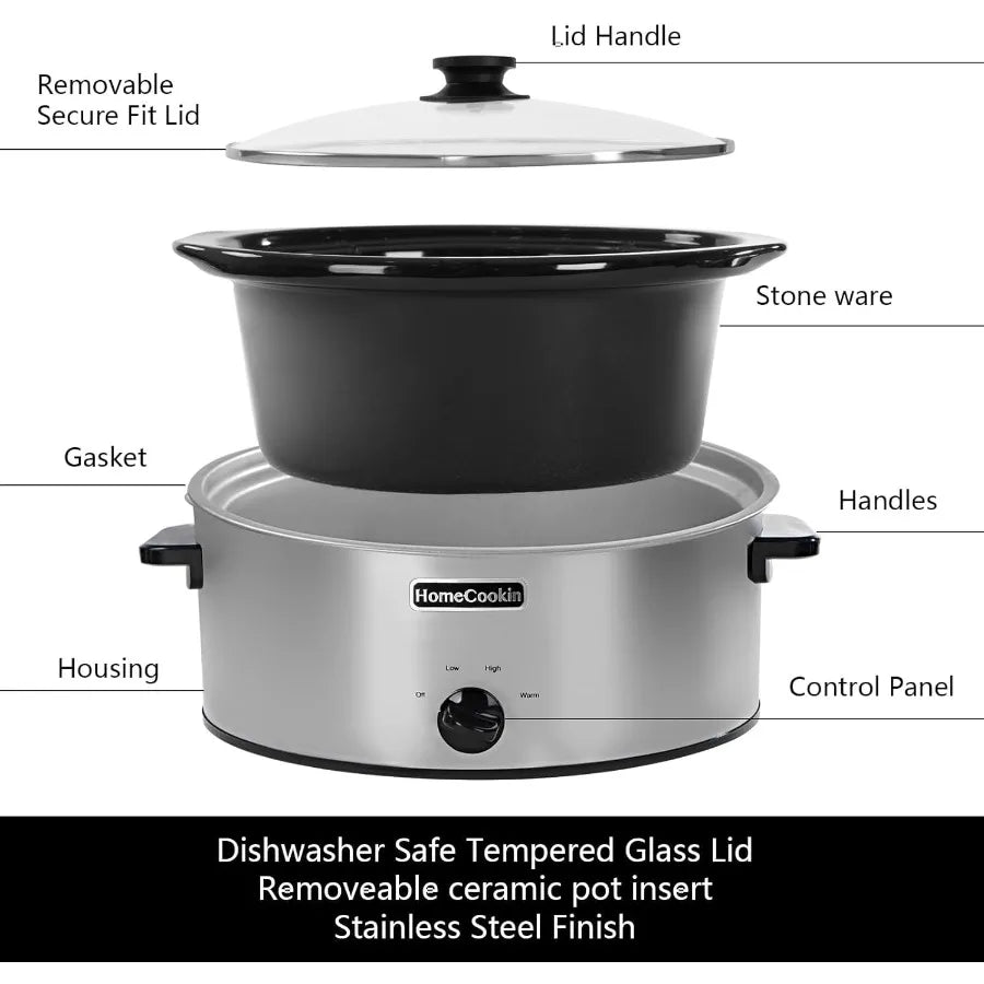7 Quart Oval Manual Slow Cooker with Stainless Steel Construction and 3 Cooking Settings Ideal for Home Meal Preparation Extend