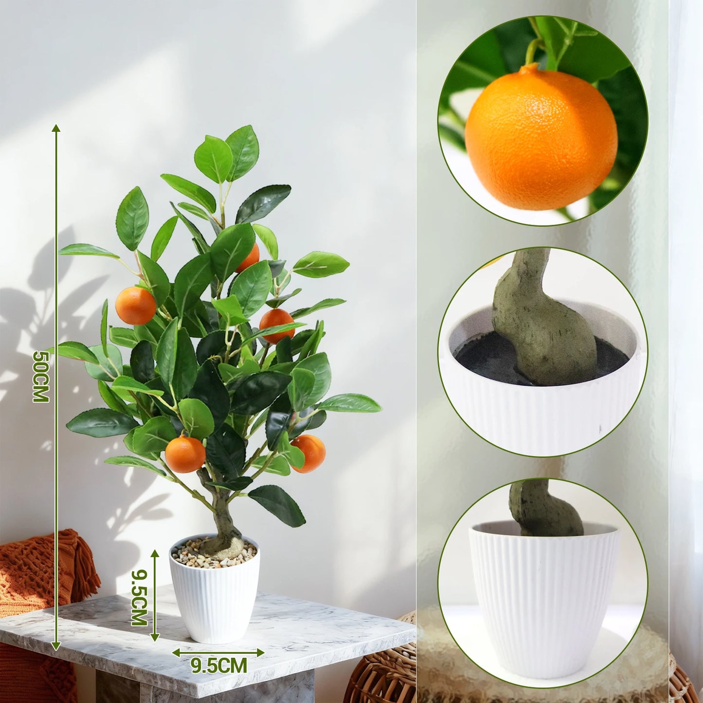2pcs Artificial Lemon Tree 50cm Fake Orange Tree Faux Plants Citrus Tree with Pot for Home Living Room Table Desk Decoration