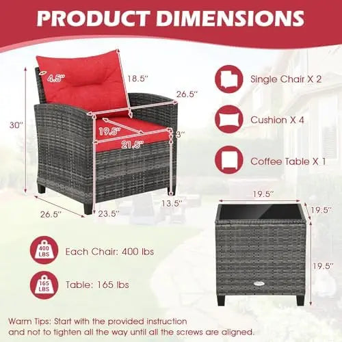 Patio Furniture, 3 Pieces Outdoor Wicker Conversation Set Chairs with Soft Cushions and Glass Coffee Table, Rattan
