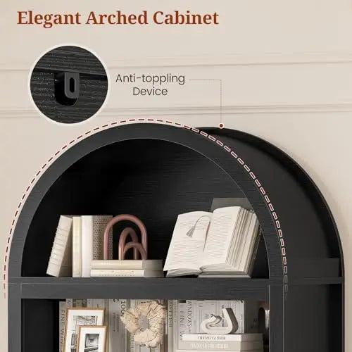 81" Tall Arched Cabinets,Bookcase with storage,Mid-Century Modern 6-Tier Bookshelf with Door,2 Book Risers and