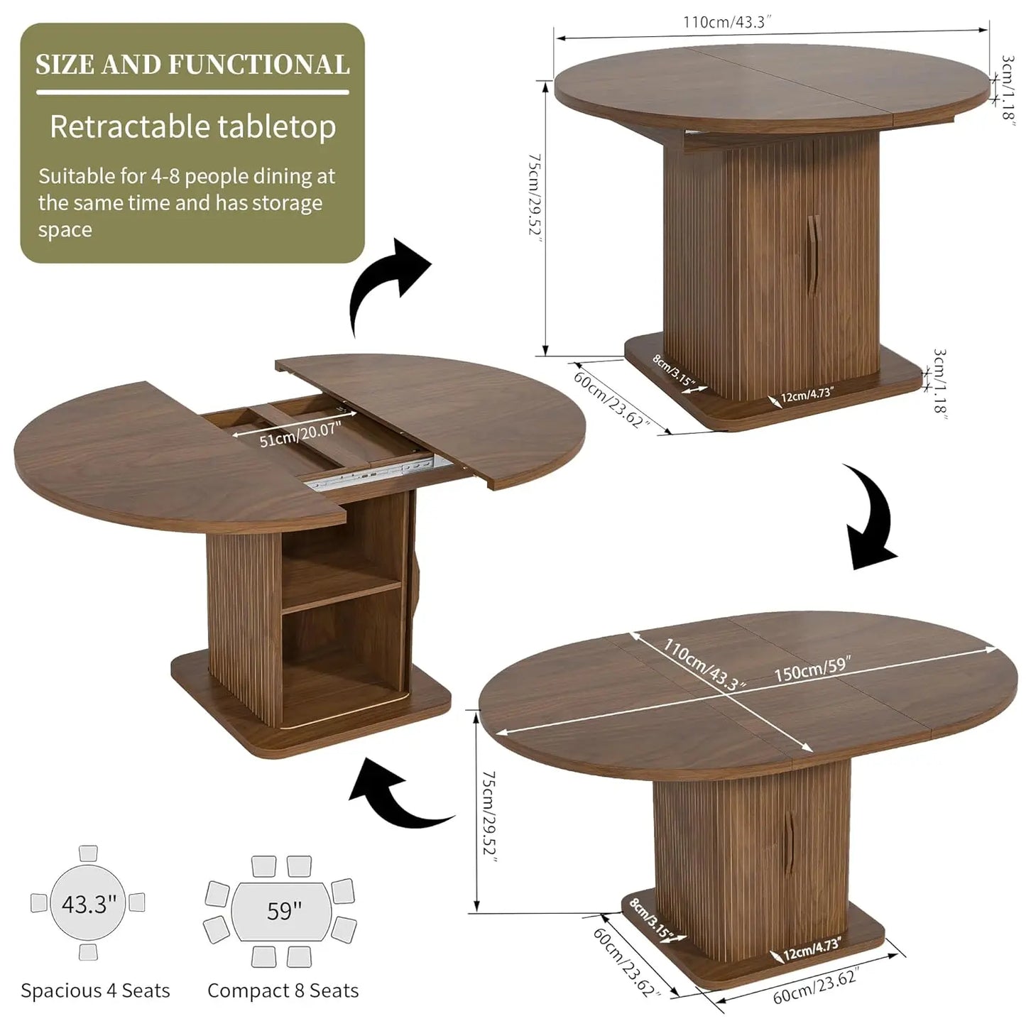 59 Inch Extendable Round Dining Table for 4-6-8 Dining Room Kitchen Table with Storage Fluted Wood Slide Door Customized
