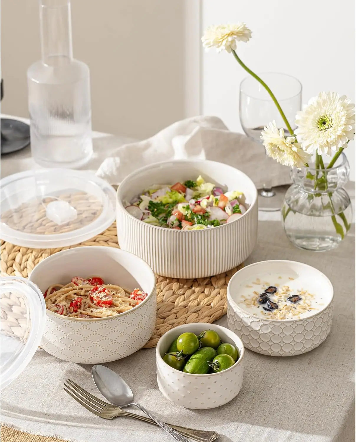 Ceramic Mixing Bowls with Lids Set of 4, Nesting Bowls for Prep & Storage, 10/18/33/50 OZ, Off-White, Microwave & Dishwasher