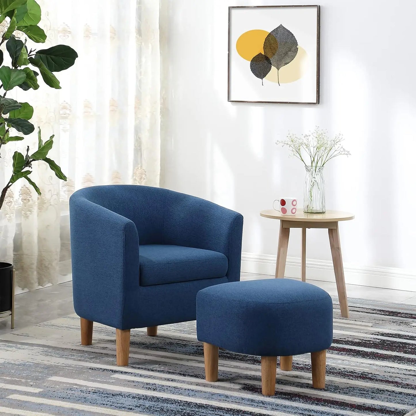 Mid Century Accent Chair & Ottoman Small Barrel Armchair with Footrest for Living Room Bedroom Linen Fabric Wood Legs, Customize