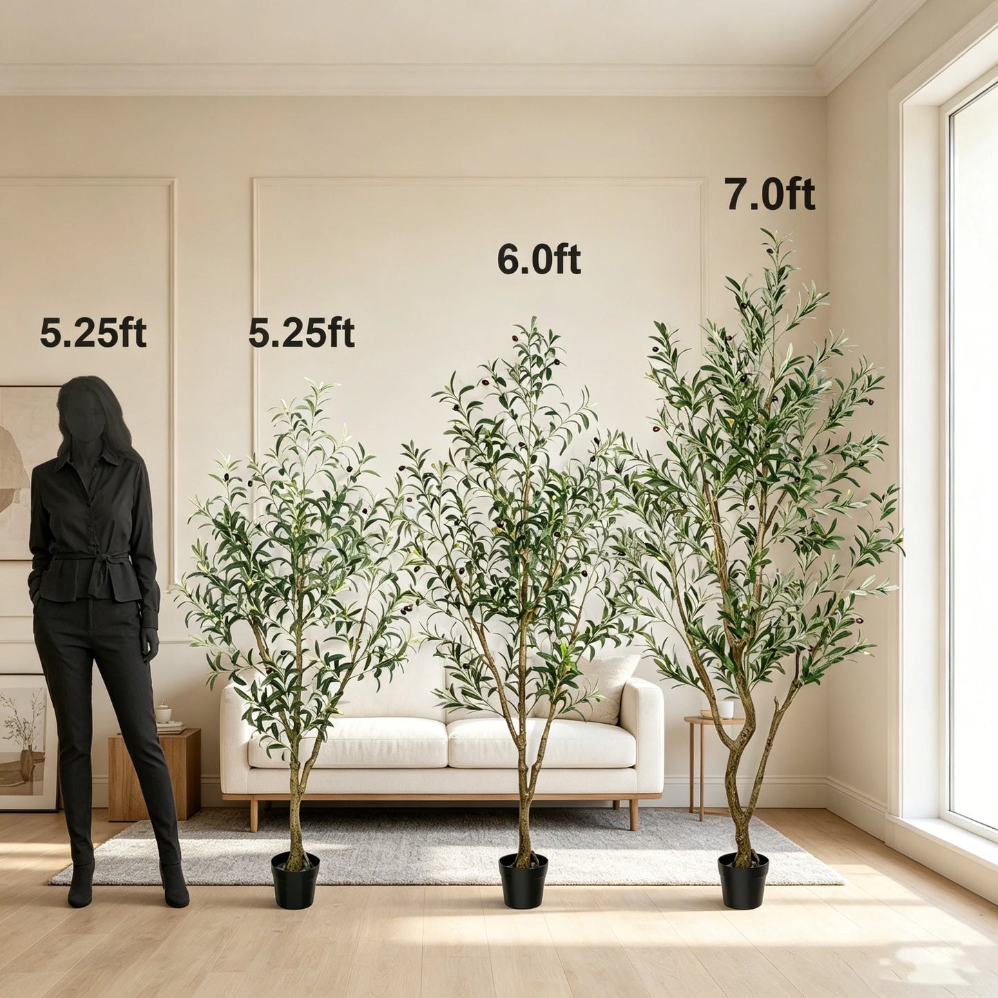 Olive Trees Artificial Indoor, 5.25/6.10/7.10FT Tall Faux Olive Tree with Black Pot, Artificial Plants with Natural Wood Trunk and Lifelike Fruits for Home Office Decor
