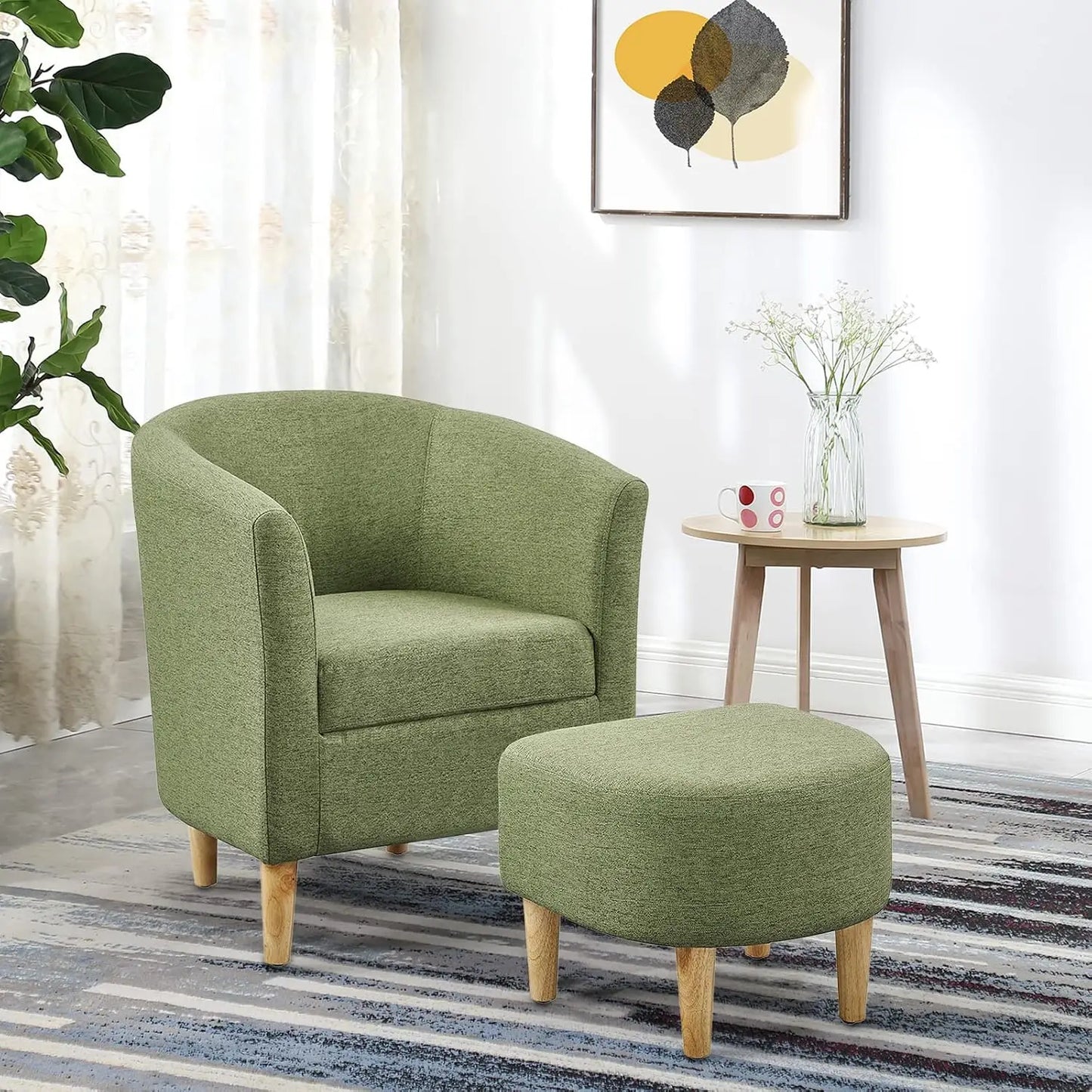 Mid Century Accent Chair & Ottoman Small Barrel Armchair with Footrest for Living Room Bedroom Linen Fabric Wood Legs, Customize