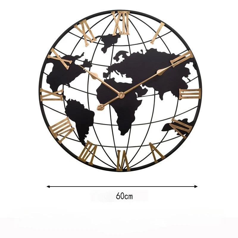 60/75/90cm Large Map Wall Clock Metal Minimalist Clock Round Silent Non-Ticking Battery Operated Wall Clocks for Living Room