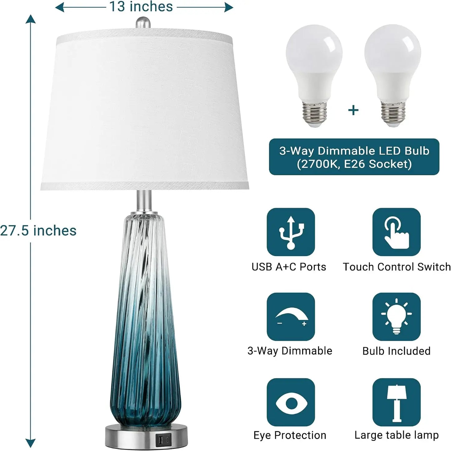 Set of 2 Touch Control Table Lamps with USB A+C, 3-Way Dimmable, 27.5" Modern Glass Nightstand Lamps