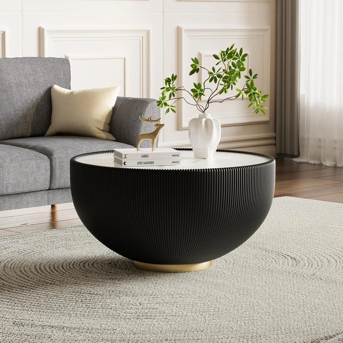 Round Grey 2-Piece Coffee Table Set 29.5in & 17.7in Sintered Stone Top Fluted PU Leather Base Living Room, Customized