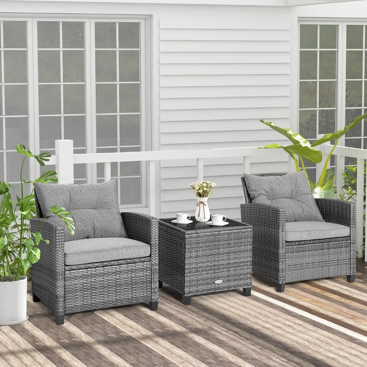3 Pieces Patio Furniture Set, Outdoor PE Rattan Conversation Chair Set with Tempered Glass Side Table, Customized
