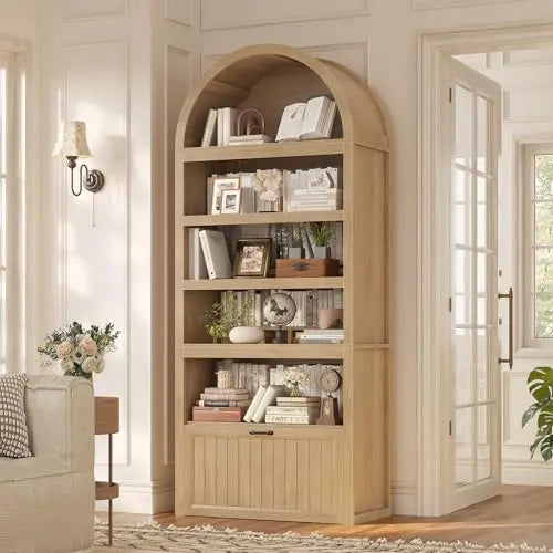 81" Tall Arched Cabinets,Bookcase with storage,Mid-Century Modern 6-Tier Bookshelf with Door,2 Book Risers and