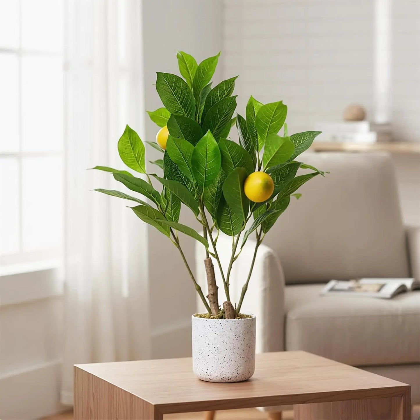 2 Pcs Artificial Lemon Tree 19.7" Fake Artificial Potted Plants Faux Lemon Tree with Pot Faux Plants Indoor for Home Kitchen