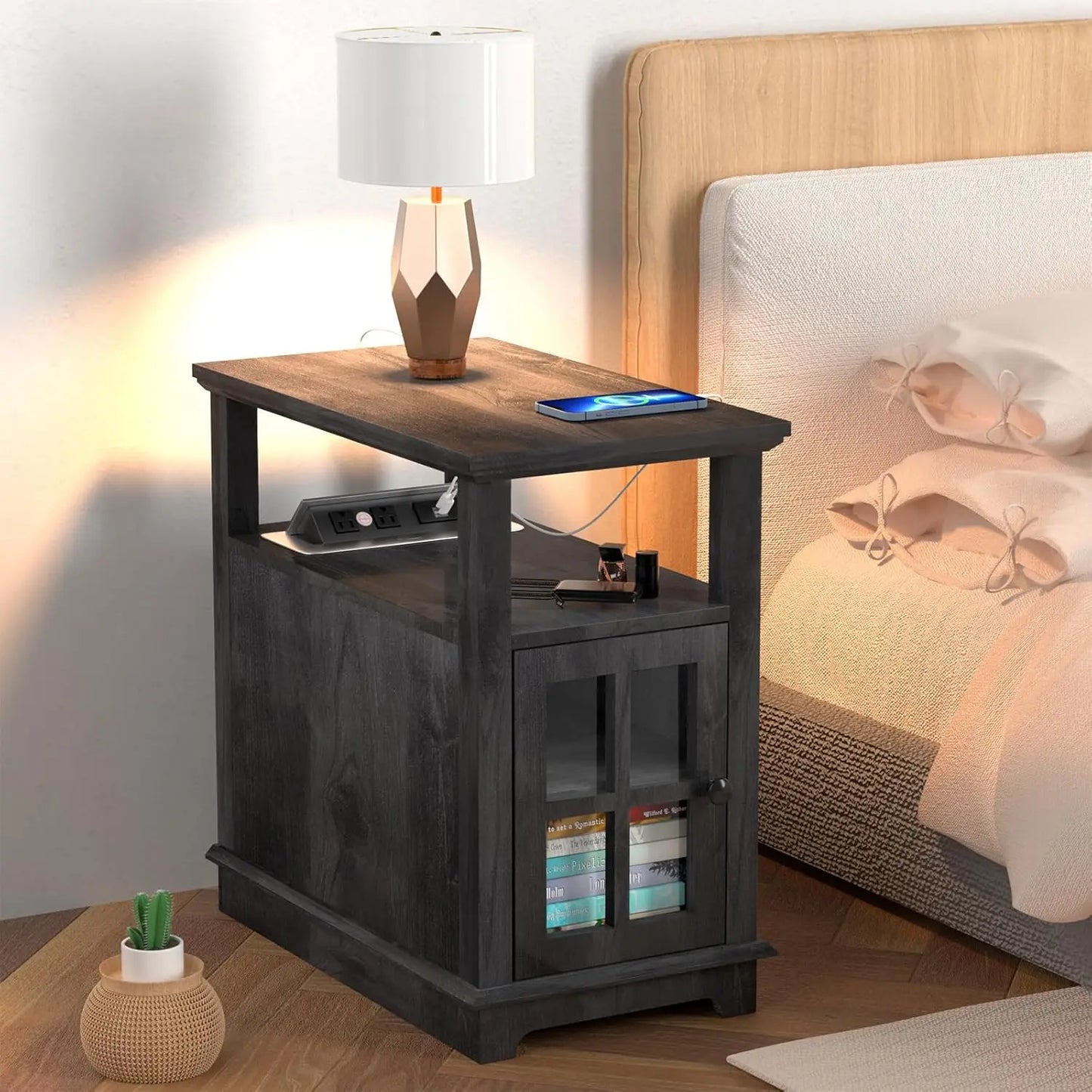 End Table, End Tables Living Room, Storage End Tables, Side Table with Charging Station, Charging Nightstand for, Customized
