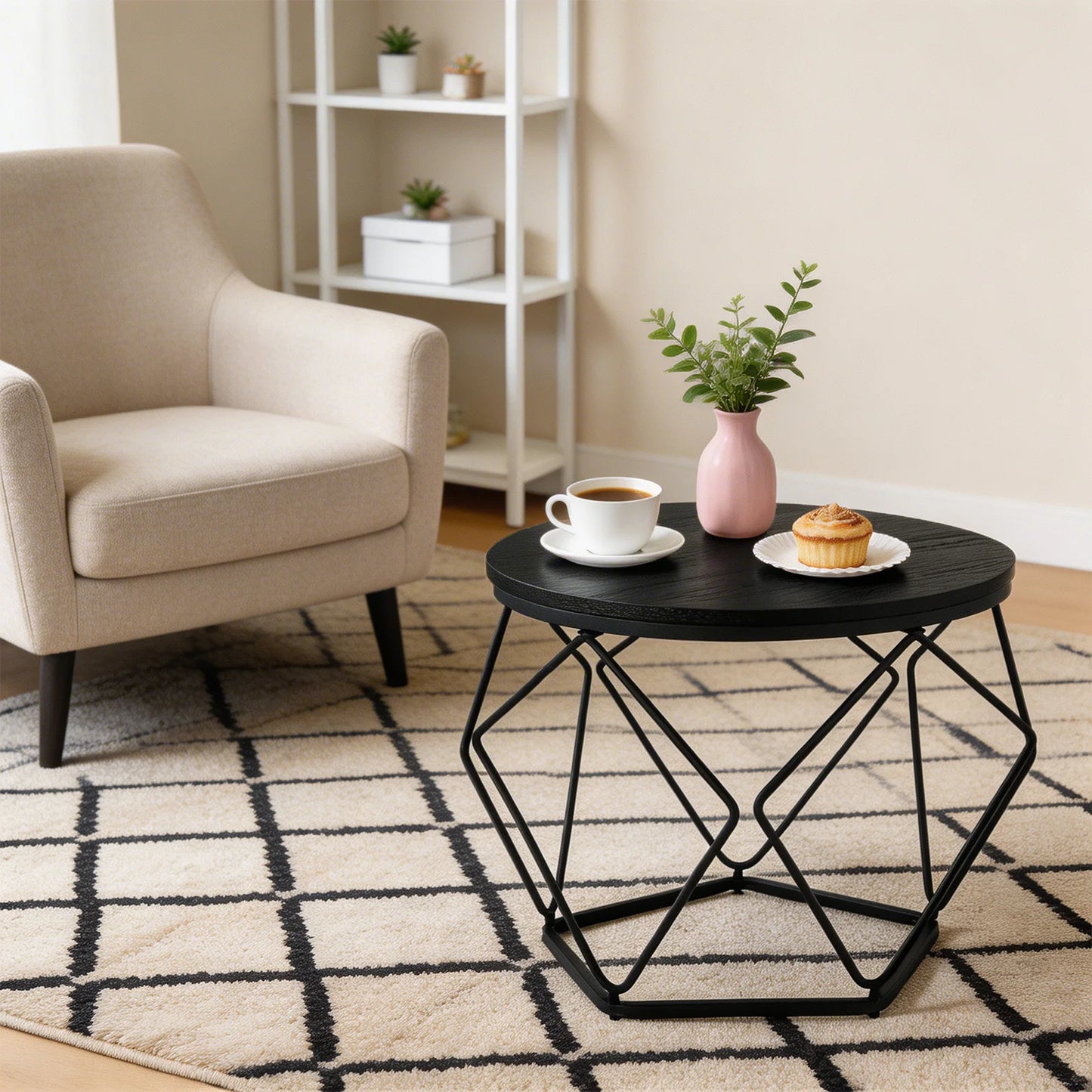 20IN Round Geometric Coffee Table Set of 2 Movable End Tables for Living Room Nesting Side Tables with Hidden Storage