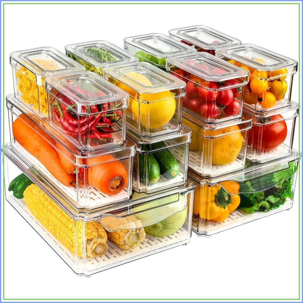 14 Pack Fridge Organizers with Lids, BPA-Free Clear Storage Bins for Vegetables, Fruits, Drinks, Cereals - 3 Sizes Stackable