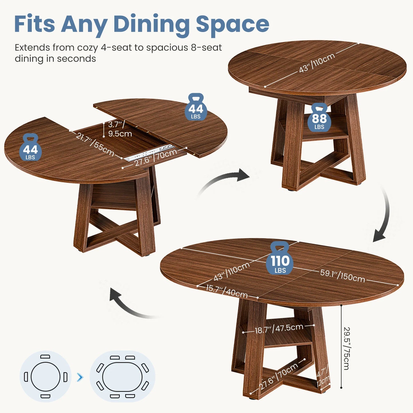 JHK Extendable Wood Round Dining Table Modern Kitchen Oval Dinner Table with Storage Shelf Pedestal Base Space Saving For Home
