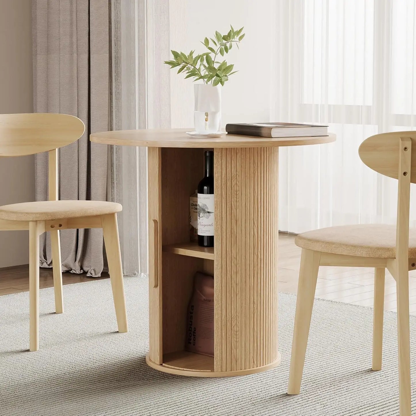 43"-59" Extendable Round to Oval Dining Table with Hidden Storage, Modern Wooden Kitchen Table with Fluted Sliding Door, Custom