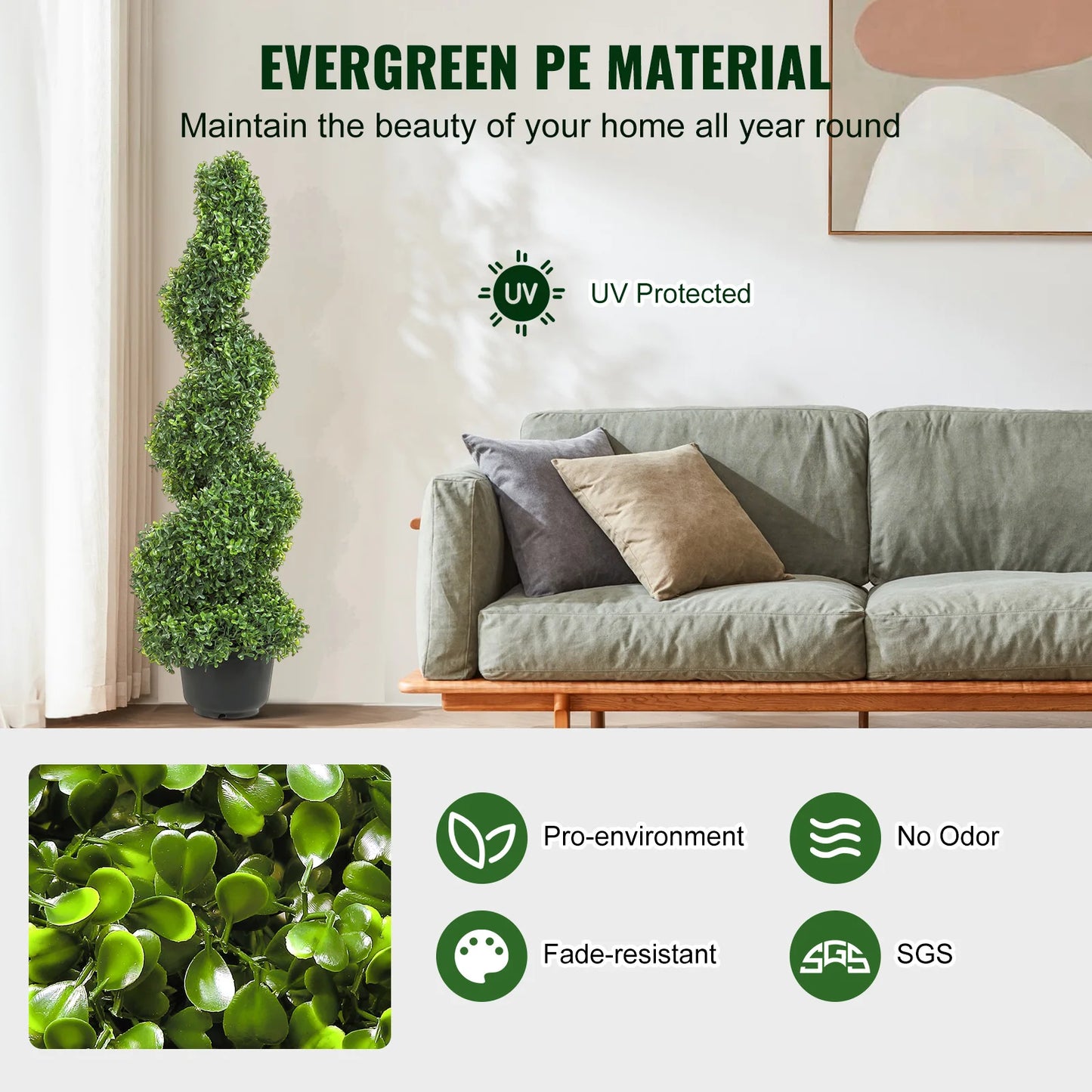SucceBuy 1/2pcs Artificial Boxwood Tower Topiary Spiral Artificial Plant 24/36/48in high Decorative Plants Green Plastic PE Tree
