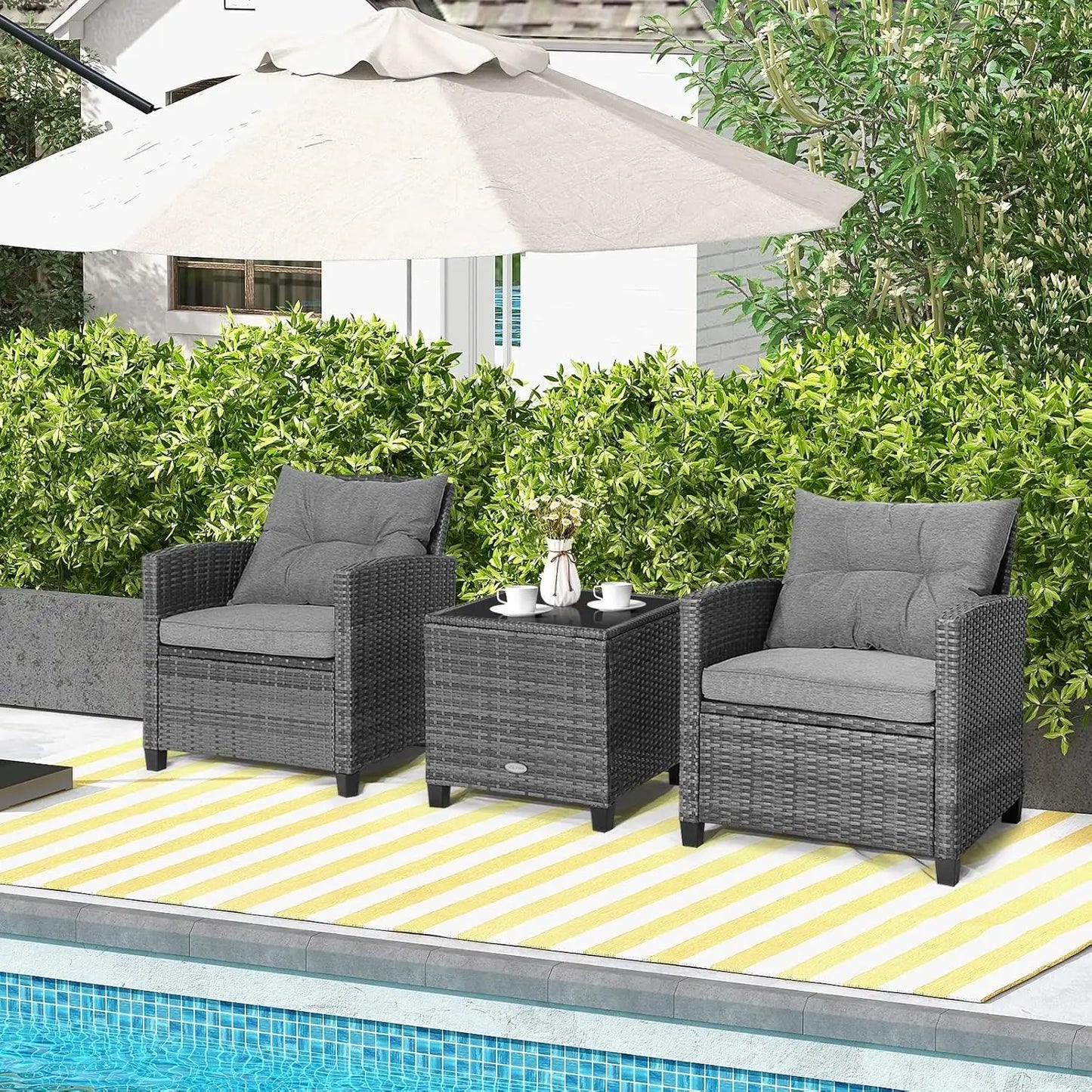 3 Pieces Patio Furniture Set, Outdoor PE Rattan Conversation Chair Set with Tempered Glass Side Table, Customized