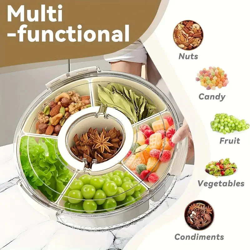 Rotating Divided Serving Tray With Lid Handle Clear Snack Container For Fruit Veggie Charcuterie Desktop Party Storage Holder
