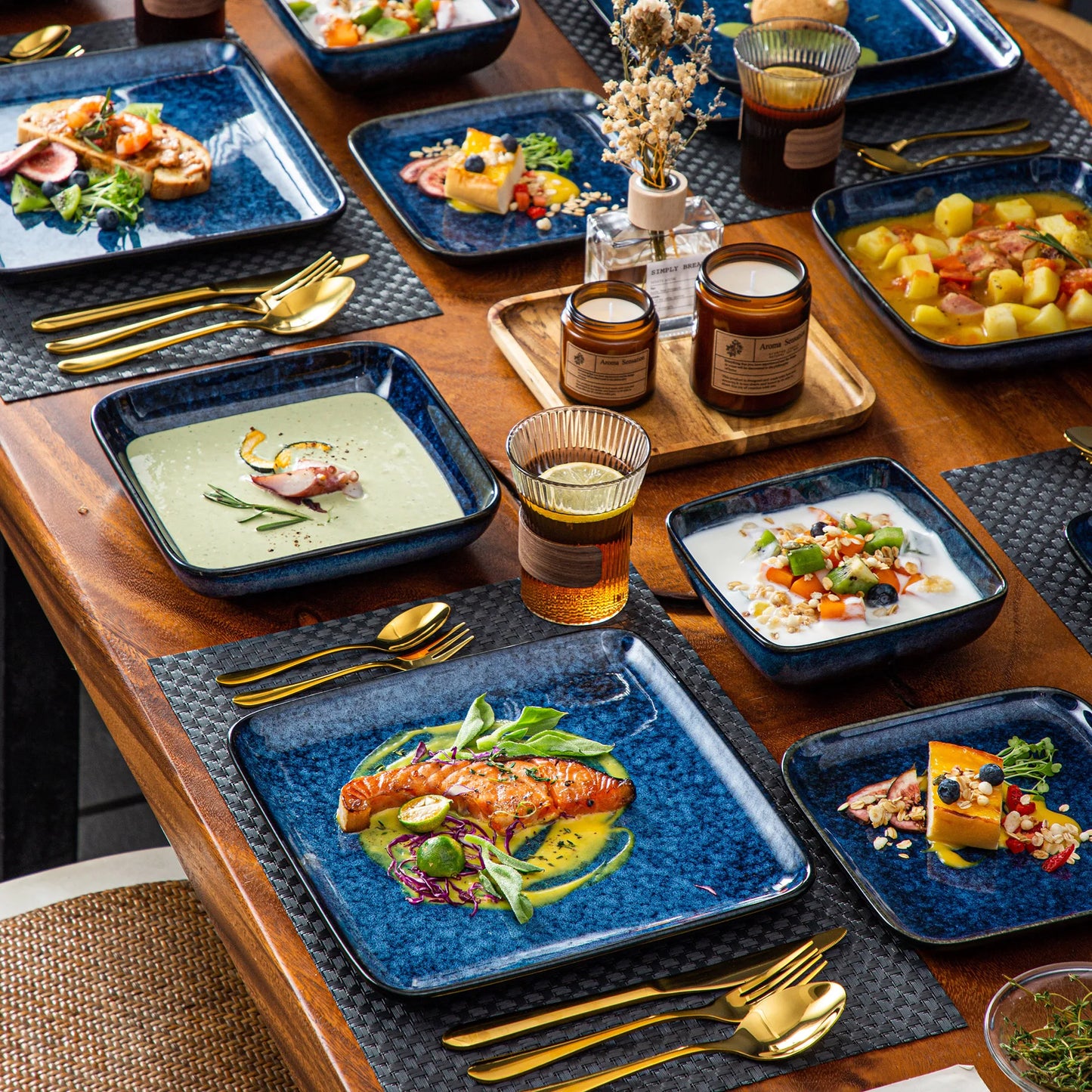 Vancasso Stern Dinner Set Blue Square Kiln Change Glaze Tableware 16 Pieces Kitchen Dinnerware Ceramic Crockery Set for 4 Person