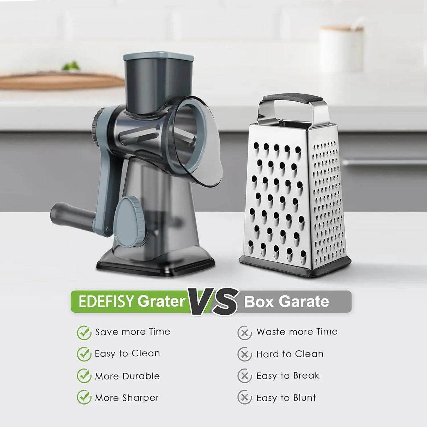 3-in-1 Hand Crank Rotary Cheese Grater with Interchangeable Blades, Non-Slip Base, Multifunctional Vegetable Slicer & Shredder for Kitchen