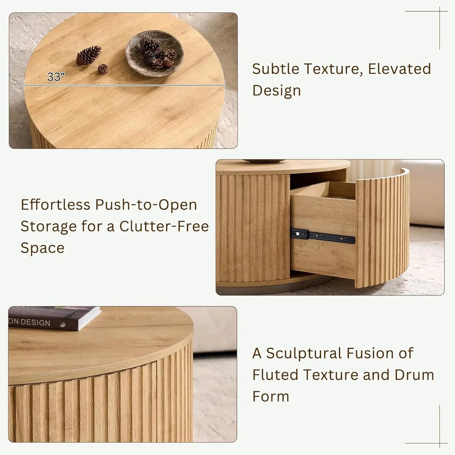 33" Round Coffee Table with Storage, Fluted Drum Coffee Table, Hidden Push-to-Open Drawer, Natural Oak, Custom