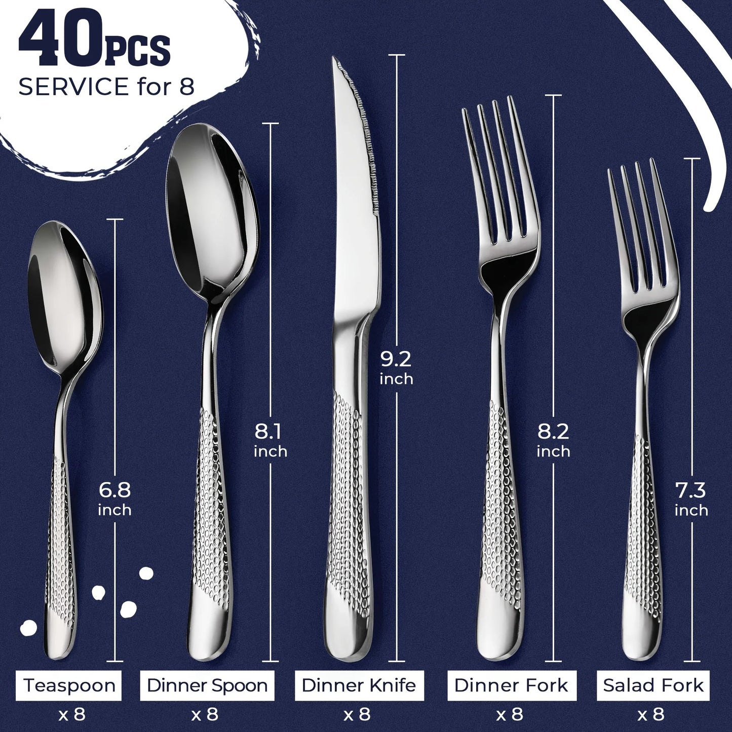 Stainless Steel Flatware Utensil Set With Ultra Sharp 2-IN-1 Serrated Knife, 40/48pcs Modern Hammered Silverware Set For 8, Mirror Polished, And Dishwasher Safe