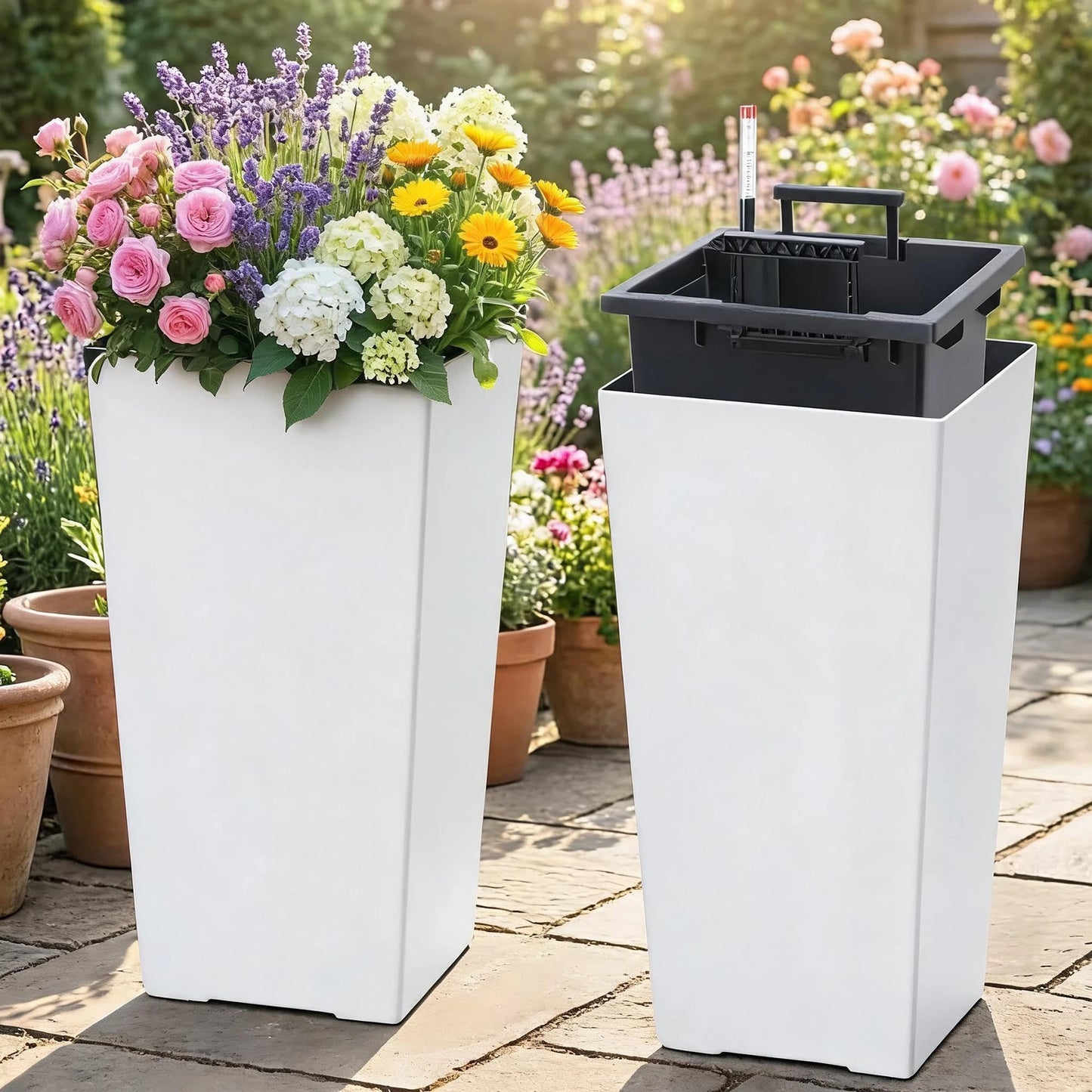 15.7"/22.5" Tall Planters Set Of 2, Self Watering Indoor Outdoor Front Porch Planter Pots With Drainage & Monitor Bucket
