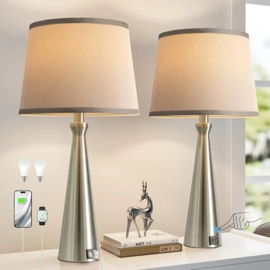 Modern Table Lamps Set of 2 - Touch Bedside Lamp for Nightstand with Dual USB C+A3-Way Dimmable Silver Nightstand Lamps for Liv