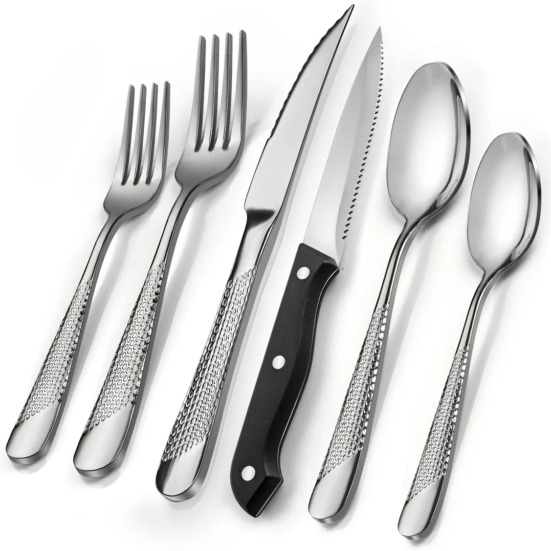 Stainless Steel Flatware Utensil Set With Ultra Sharp 2-IN-1 Serrated Knife, 40/48pcs Modern Hammered Silverware Set For 8, Mirror Polished, And Dishwasher Safe