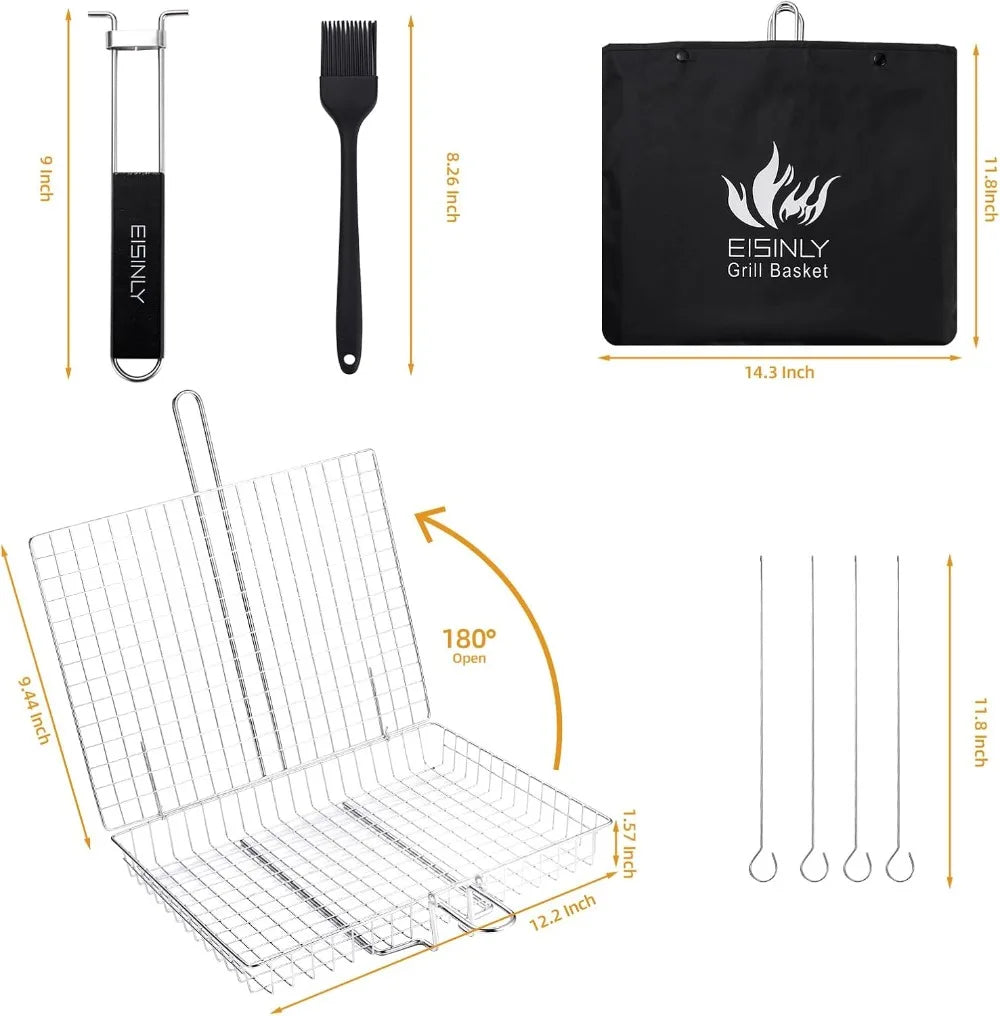 Portable Grill Basket, BBQ Grilling Basket with Removable Handle, Stainless Steel Camping Cooking Accessories for Chicken Fish Vegetable