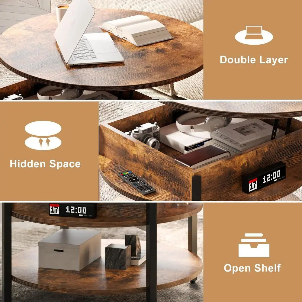 Round Lift Top Coffee Table with Storage and Hidden Compartment, 26.77'' Farmhouse Coffee Table for Living Room Reception Room,