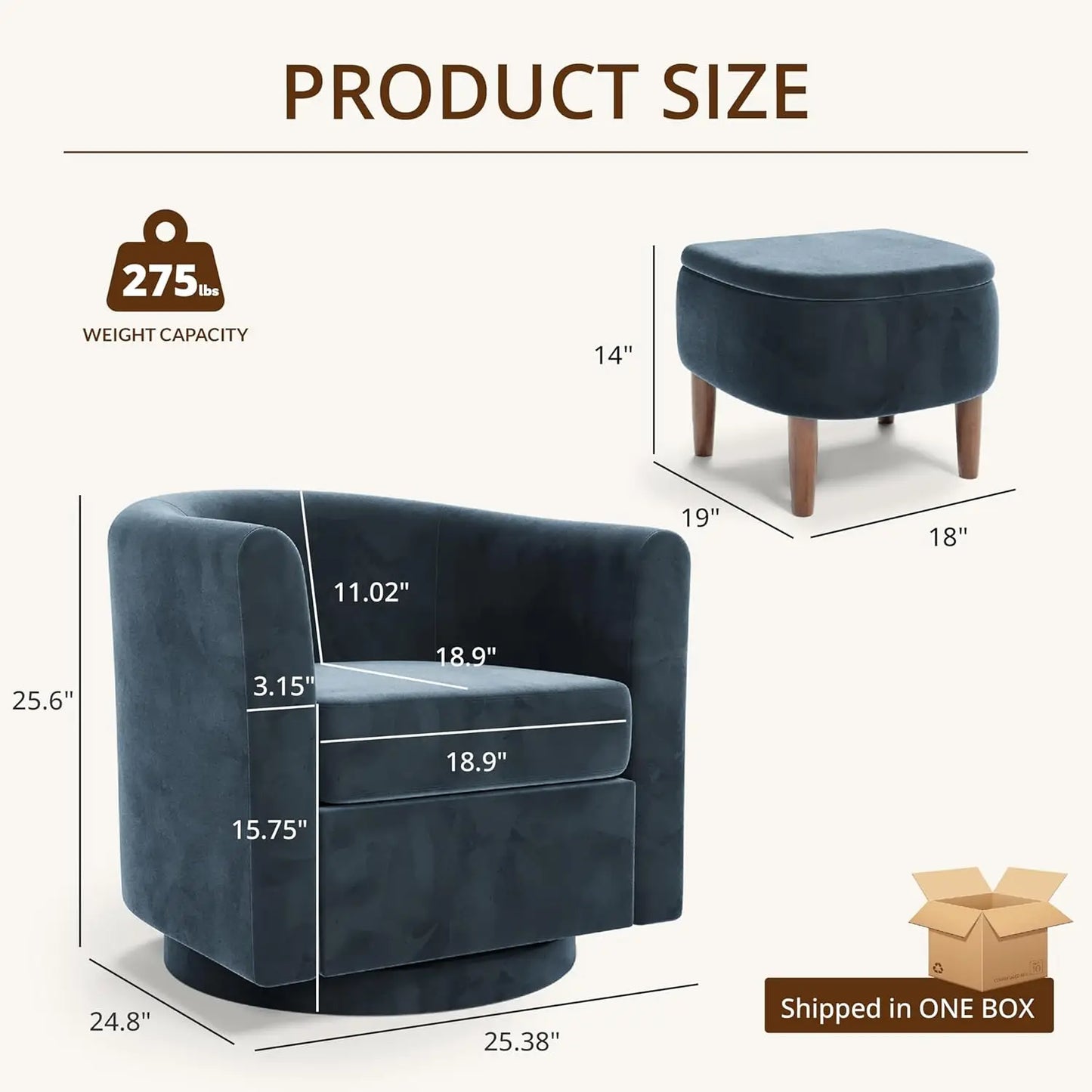 Swivel Accent Chair with Storage Ottoman, Small Modern Velvet Barrel Chair, Upholstered Armchair with Footrest for, Customized