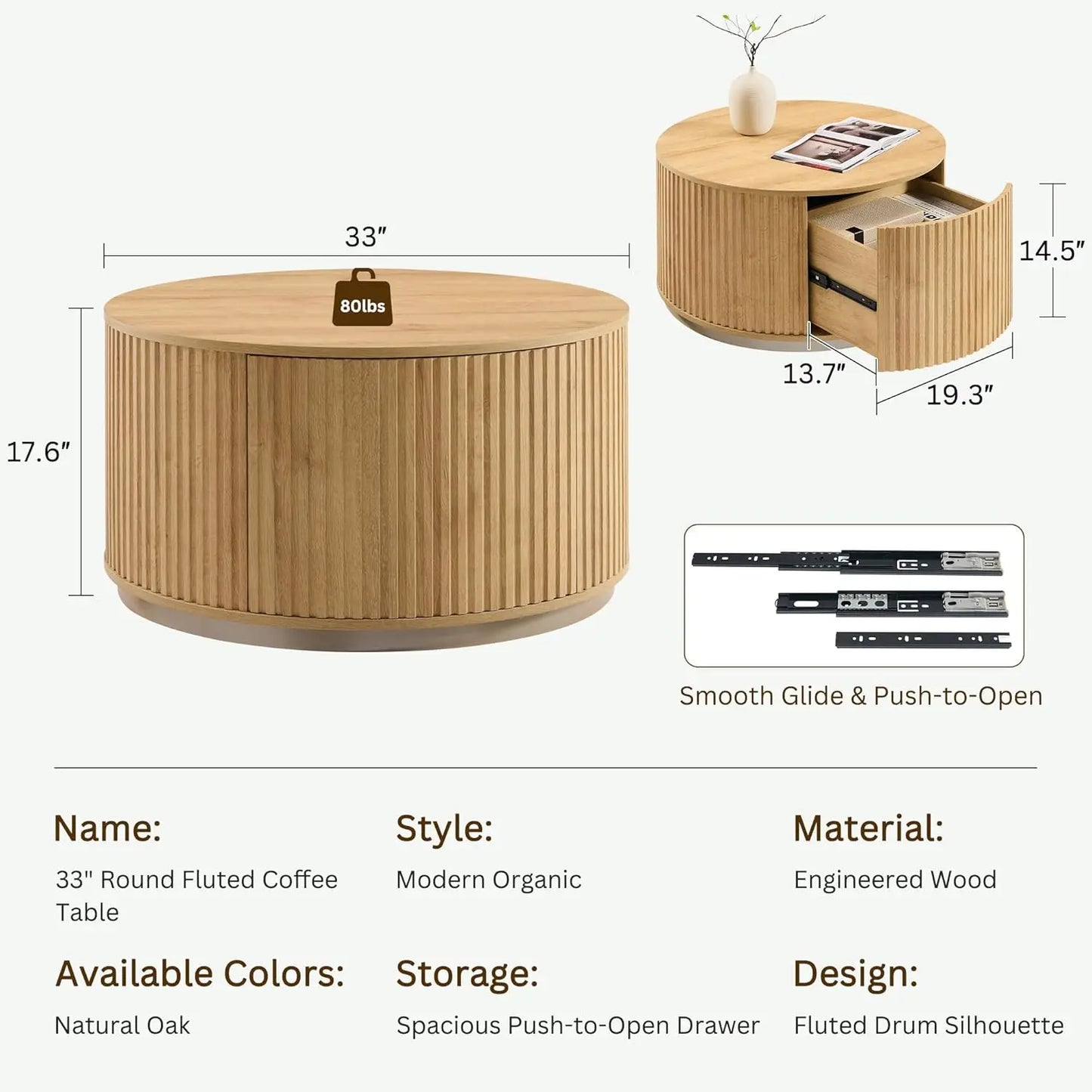 33" Round Coffee Table with Storage, Fluted Drum Coffee Table, Hidden Push-to-Open Drawer, Natural Oak, Custom
