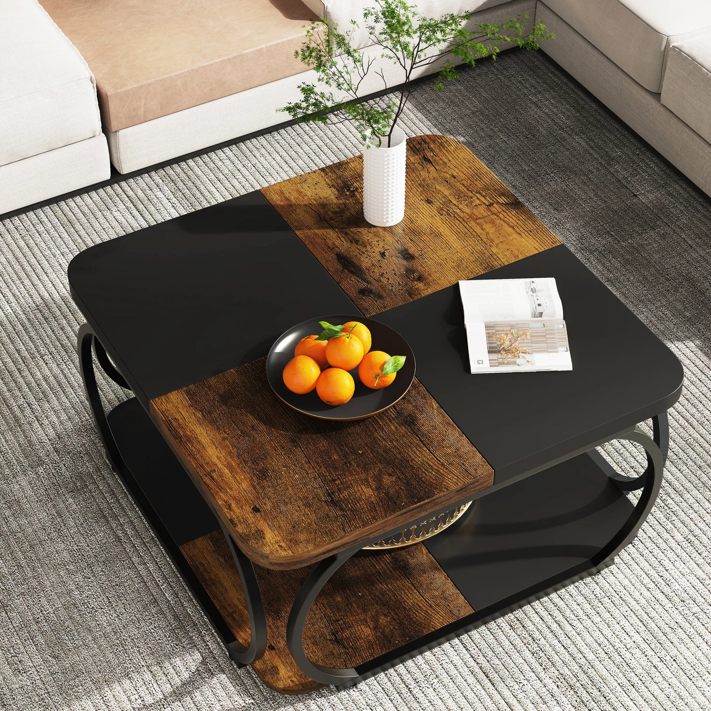 Square Coffee Table with 2 Tiers, 40 inches Low Farmhouse Coffee Table with Wood Storage Shelf Heavy Duty Metal Curve