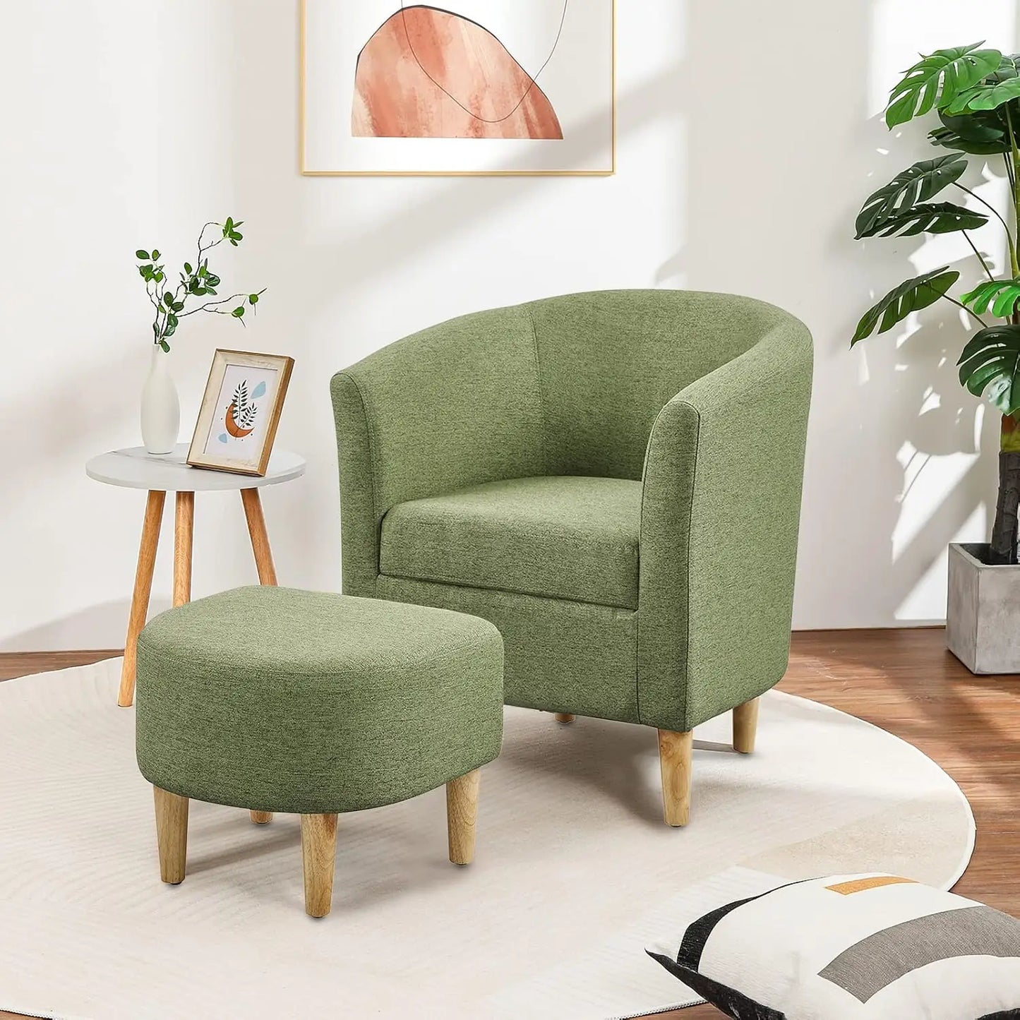 Mid Century Accent Chair & Ottoman Small Barrel Armchair with Footrest for Living Room Bedroom Linen Fabric Wood Legs, Customize