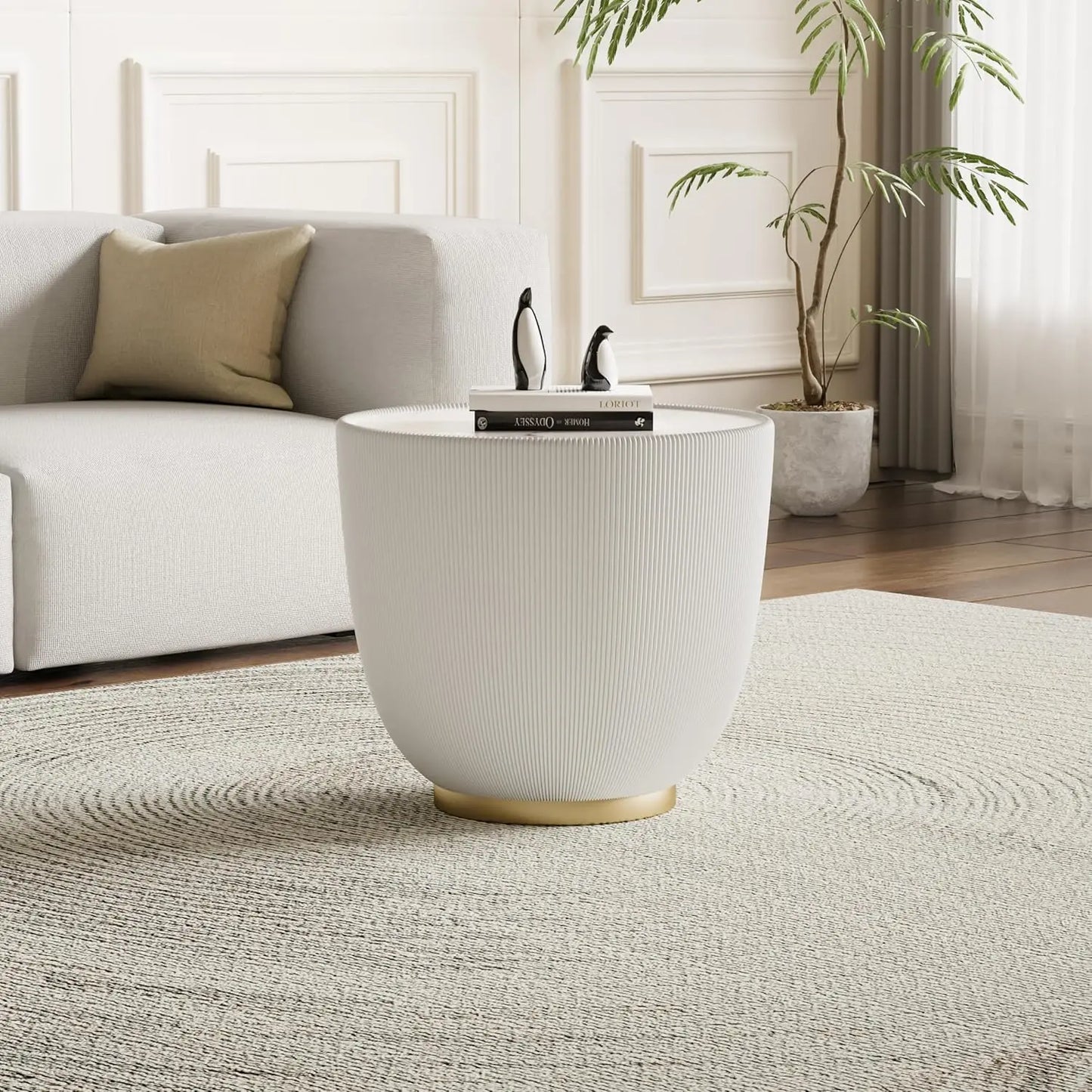 Round Grey 2-Piece Coffee Table Set 29.5in & 17.7in Sintered Stone Top Fluted PU Leather Base Living Room, Customized