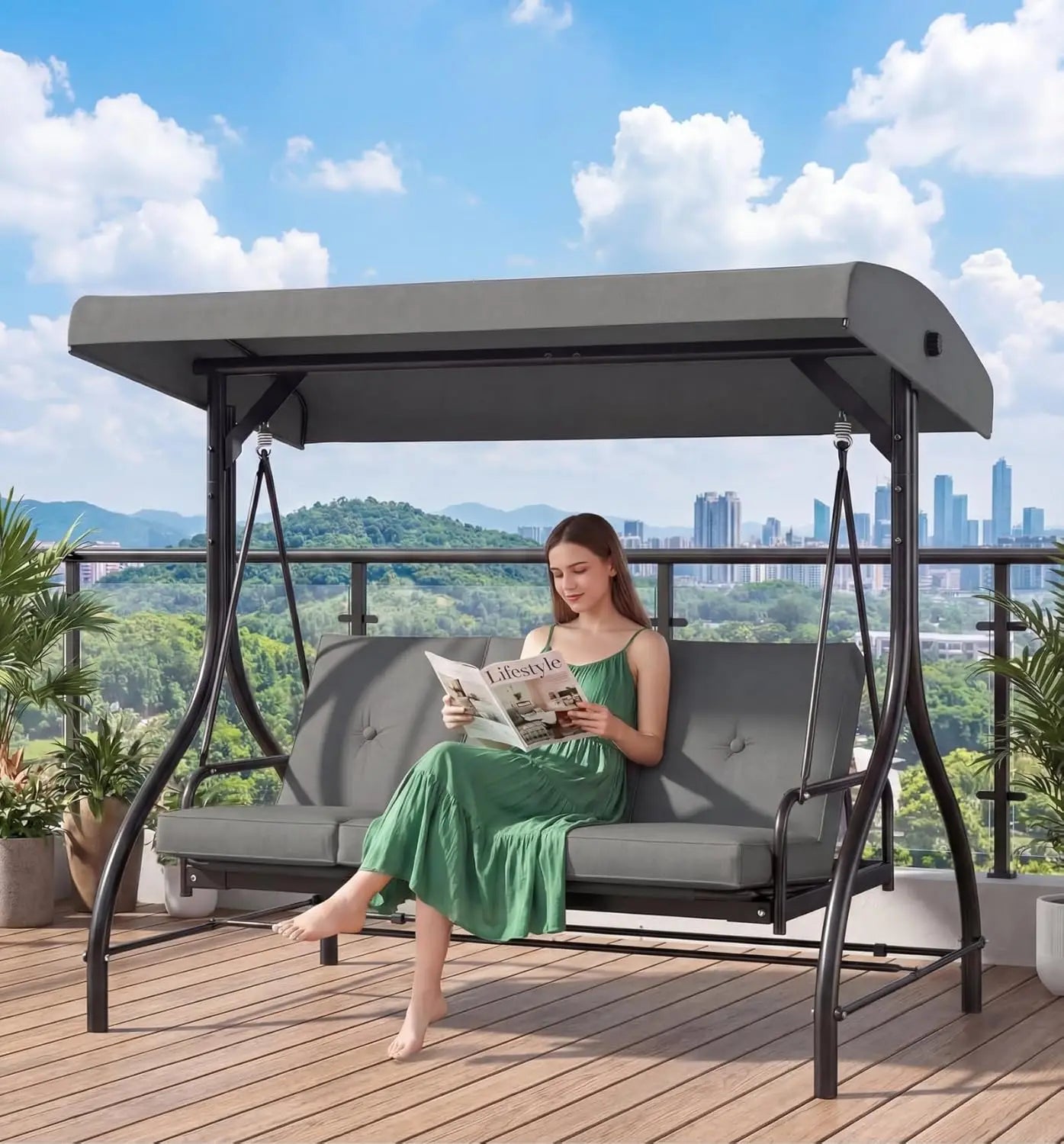 3-Seat Patio Swing with Adjustable Canopy & Backrest, Outdoor Porch Swing Chair for Adults