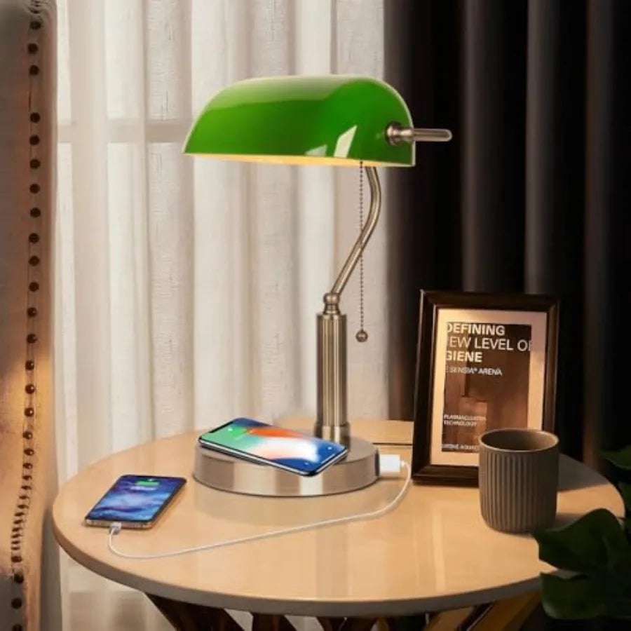 Glass Bankers Desk Lamp with Wireless Charger, 2 USB Charging Port, Vintage Desk Lamp with Pull Chain Switch, Retro Table Lamps