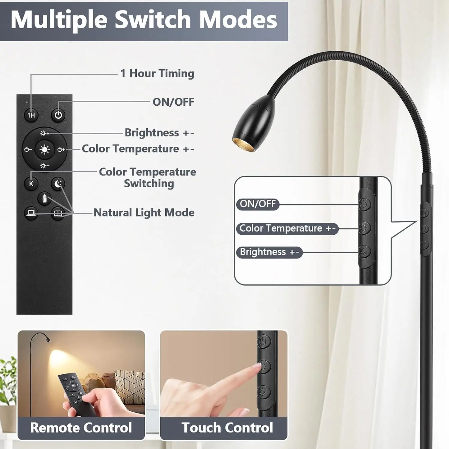 72" LED Floor Lamp with Flexible Gooseneck, Dimmable & Zoomable, Touch & Remote Control, 2700K-6000K, Matte Black