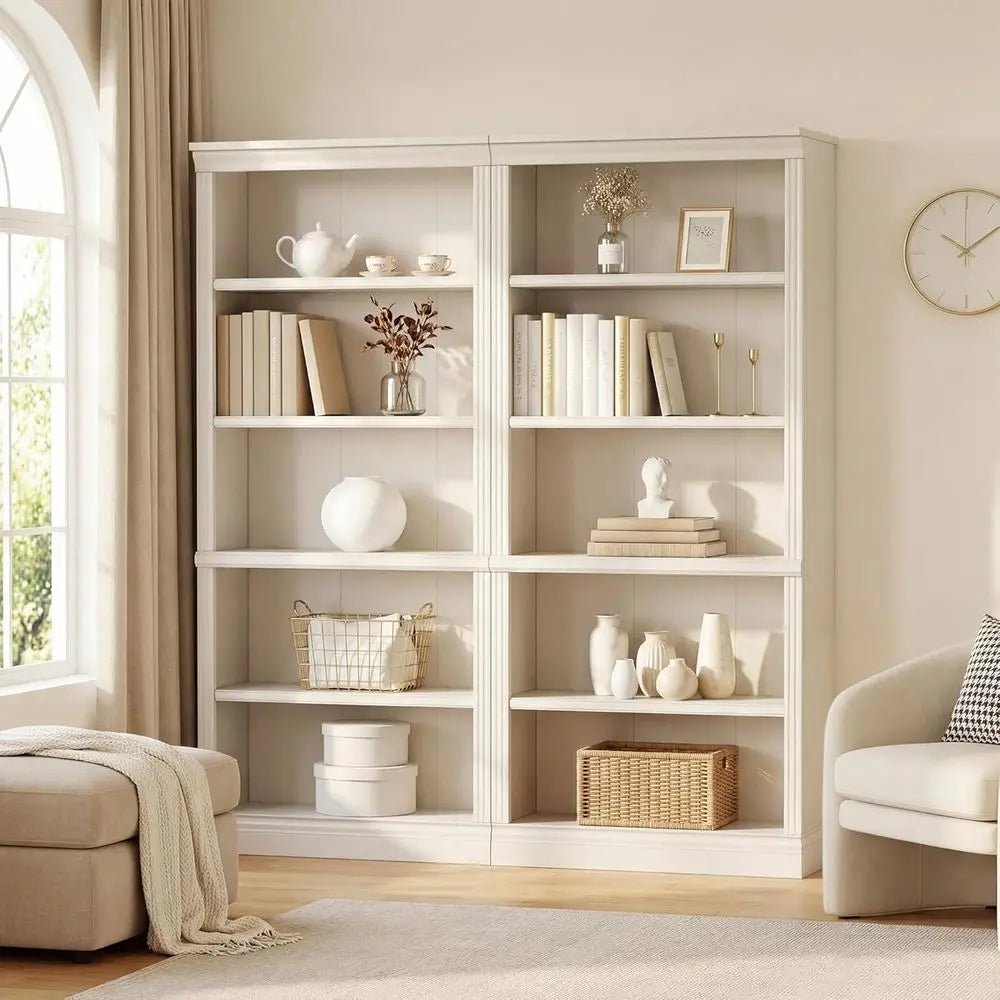 5-Shelf Tall Bookcase 71, White Wood Open Display Floor Bookshelf, Large Storage Organizer for Home, Bedroom, Living Room, Set o