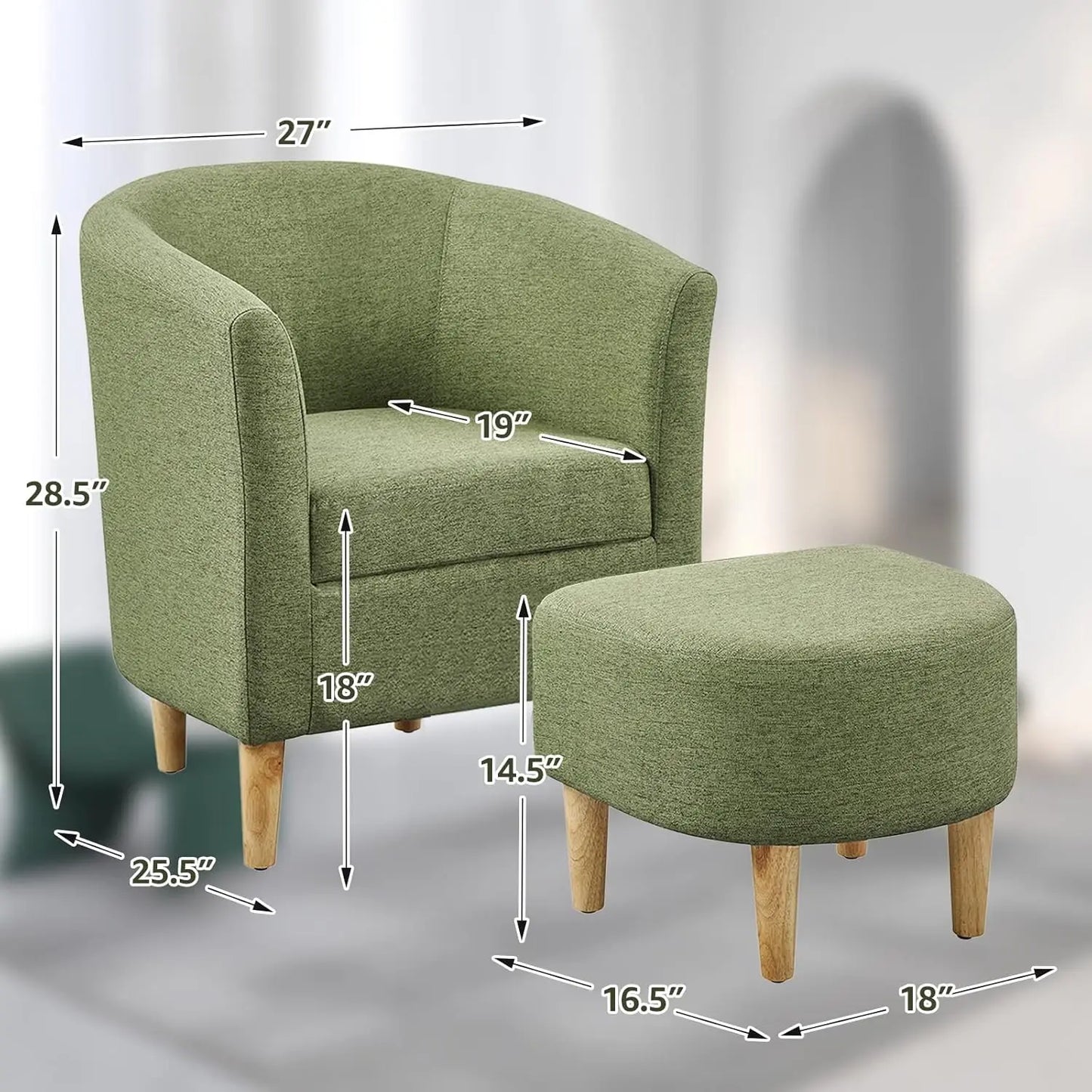 Mid Century Accent Chair & Ottoman Small Barrel Armchair with Footrest for Living Room Bedroom Linen Fabric Wood Legs, Customize